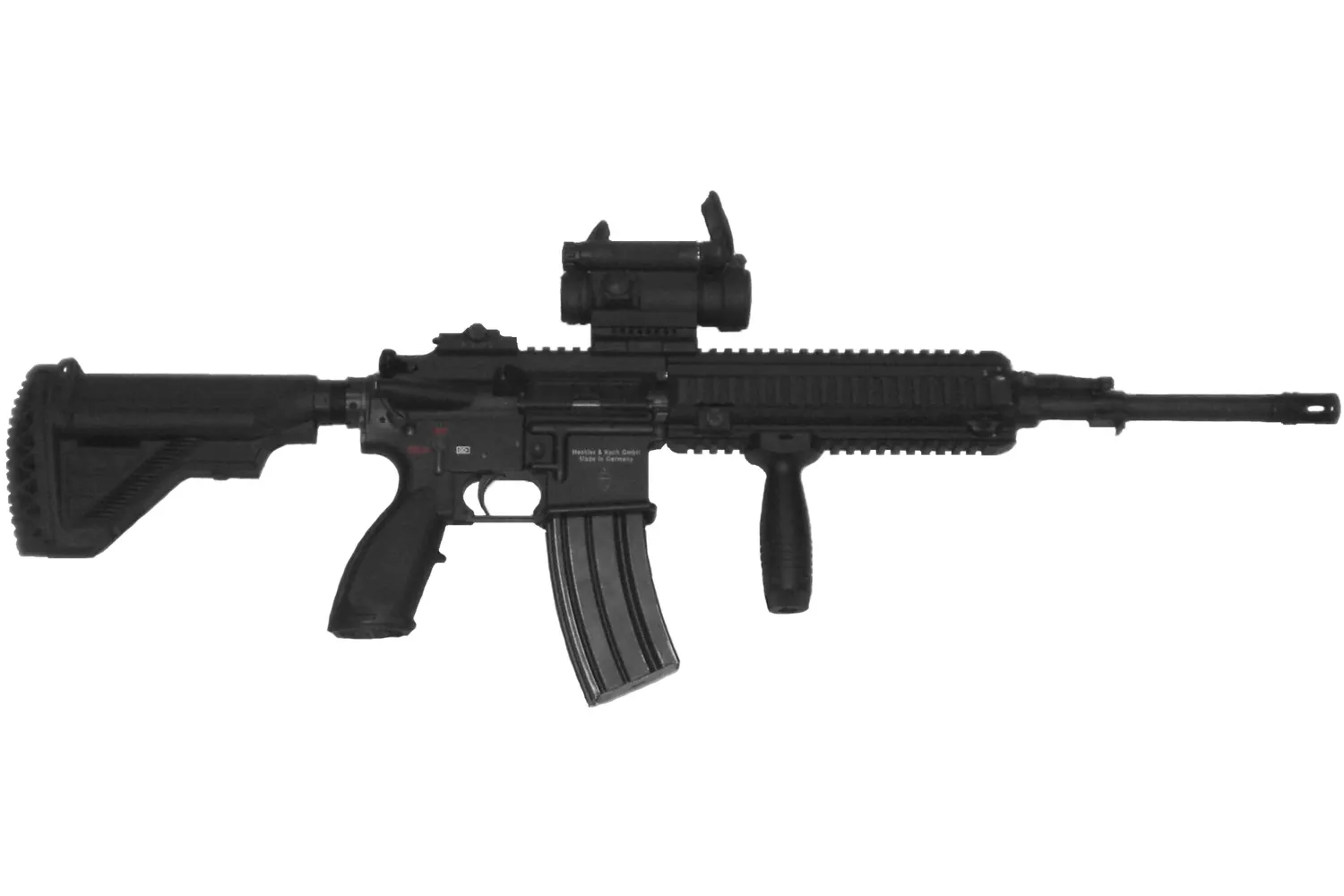 Norweski HK416N z lufą 419 mm, celownikiem Aimpoint CompM4 i chwytem przednim (odmiana narodowa)